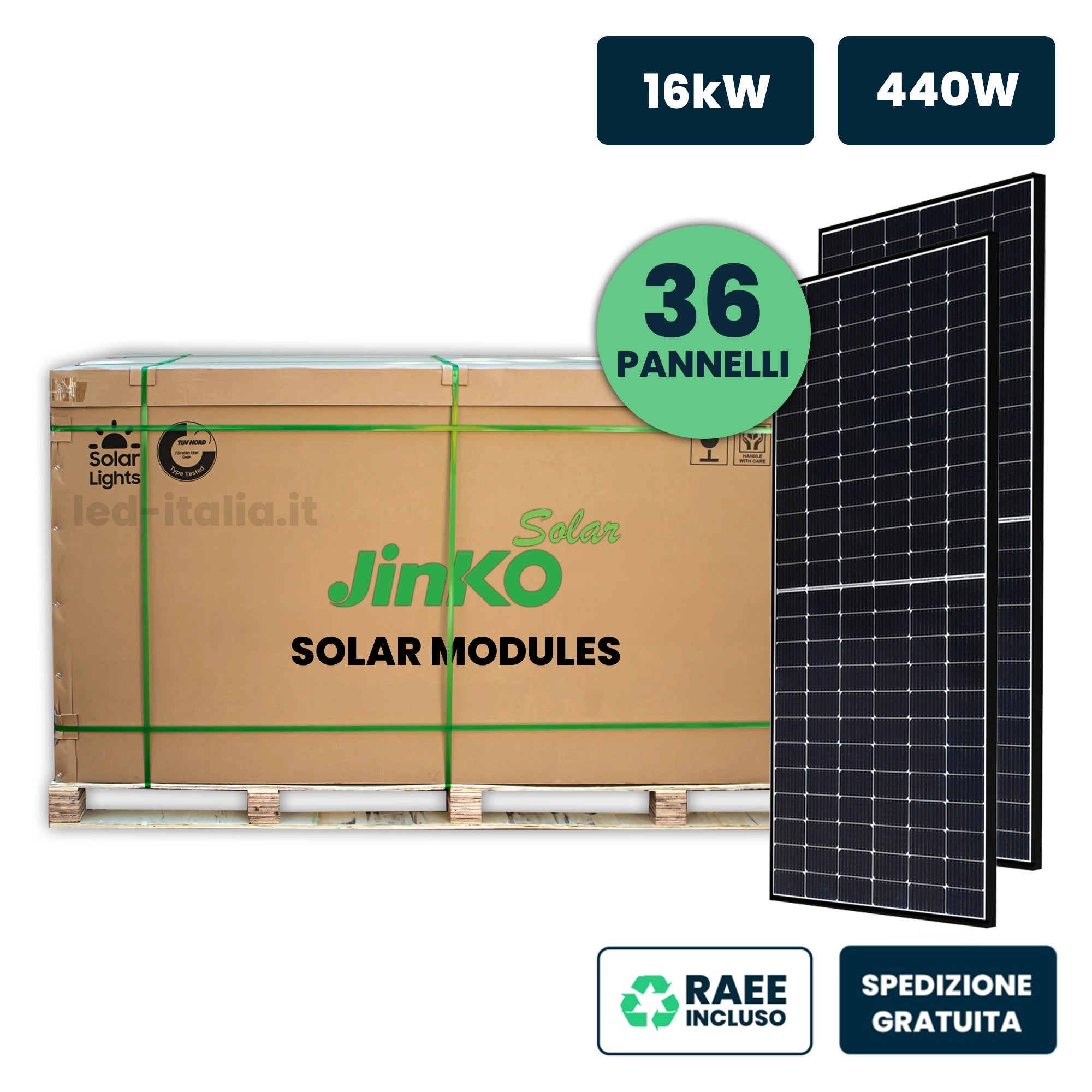 V-TAC Bancale 16kW con 36 Pannelli Solari Fotovoltaici Moduli 440W JINKO Solar TIER-1 Tiger Neo, Monocristallini N-Type TOPCon, Black Frame IP67/IP68 1762x1134x30mm (SKU 12302) V-TAC Bancale 16kW con 36 Pannelli Solari Fotovoltaici Moduli 440W JINKO Solar TIER-1 Tiger Neo, Monocristallini N-Type TOPCon, Black Frame IP67/IP68 1762x1134x30mm (SKU 12302)